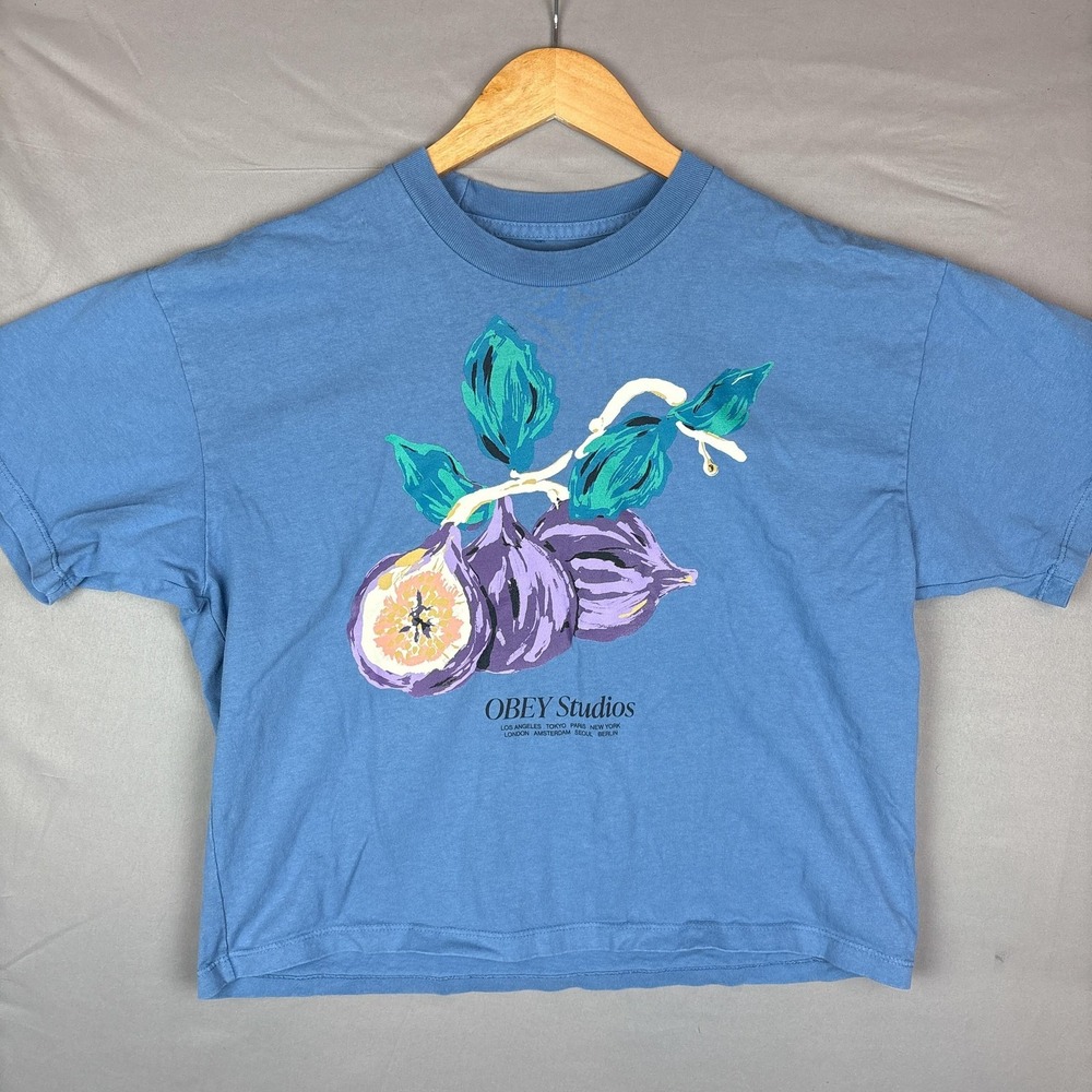OBEY Studios Cropped T-Shirt Womens Small Blue Fig Fruit Graphic Streetwear